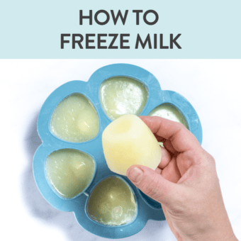 Graphic repost – how to freeze milk. Images of a handling up a frozen milk cube over a freezer tray full of frozen milk against a white background.