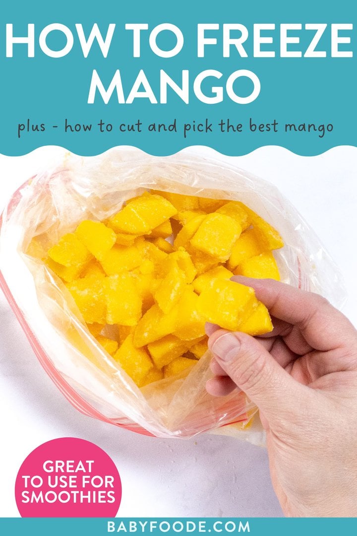 Graphic proposed – how to freeze mango, plus how to cut and pick up the best mango, great to use for smoothies. Images of a hand holding up a cube of frozen mango out of a freezer bag over a white marble countertop.