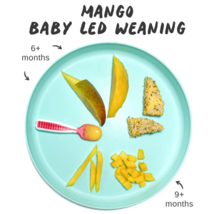 graphic for post - blue kids plate with different ways to cut and serve mango to baby.