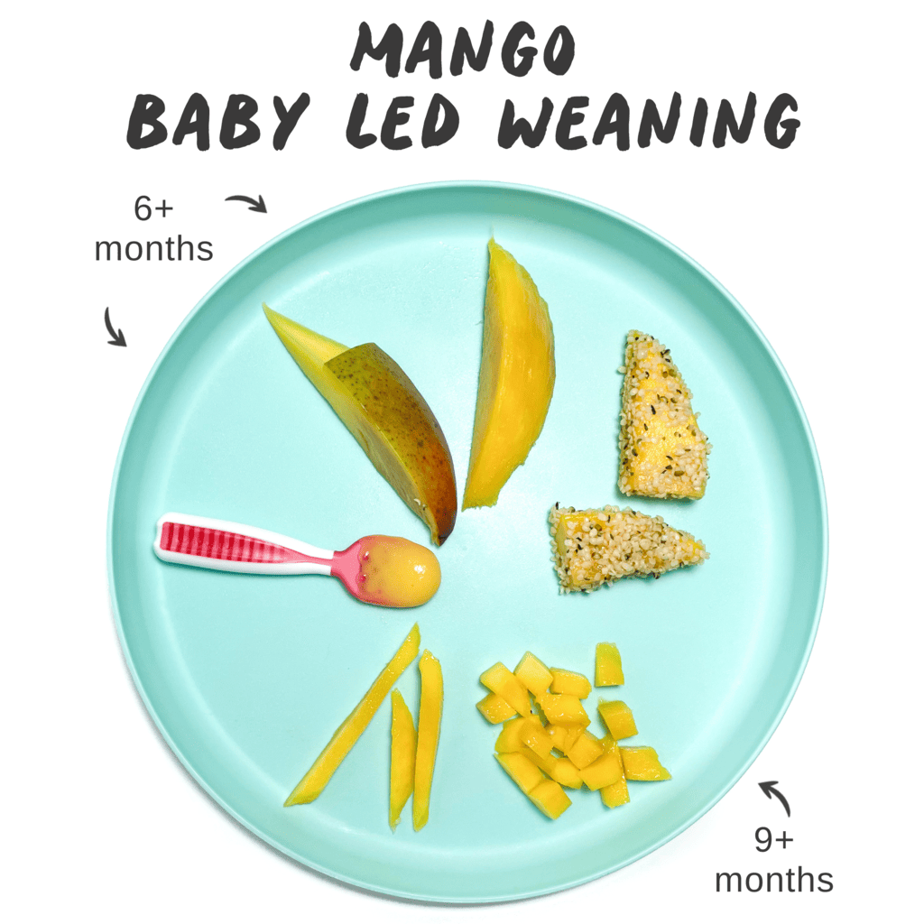 graphic for post - blue kids plate with different ways to cut and serve mango to baby. 