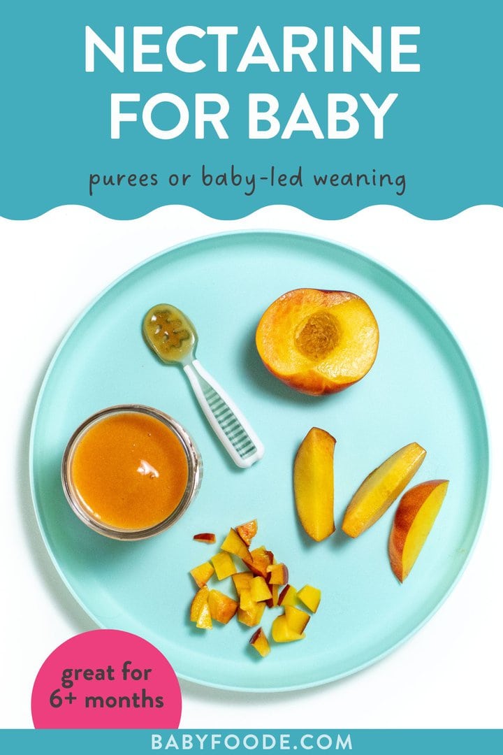 Graphic for post - nectarines for baby - purees or baby-led weaning, great for 6+ months. Image is of a blue kids plate with different ways to serve nectarine to your baby against a white counter.
