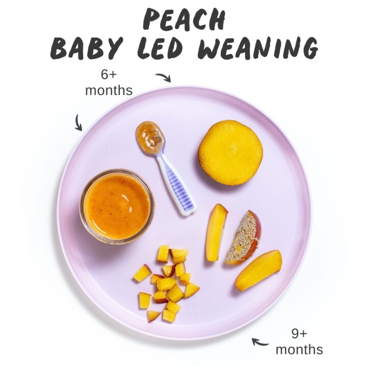 graphic for post - peach for baby led weaning, with a purple plate showing which age you can serve peaches cut into different sizes to your baby.