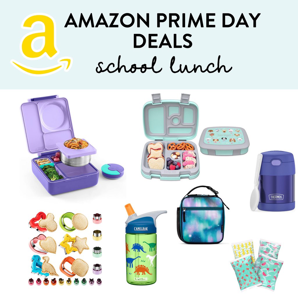 Graphic for post - amazon prime day deals - school lunch. Image is of a grid of different products against a white background. 
