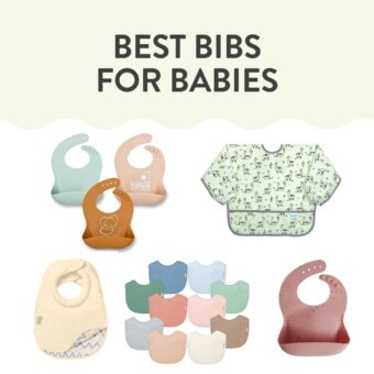 Graphic for post - best bibs for baby. Images of colorful bibs against a white background.