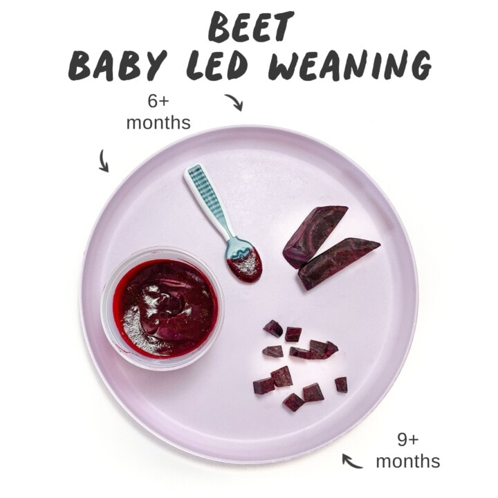 Graphic for post - beet for baby-led weaning. Shows a purple kids plate with different ways to cut and serve beets to your baby.