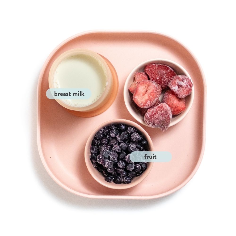 Spread of ingredients on a pink plate with graphics and text for each item. 