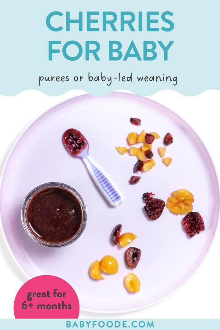 Graphic for post - cherries for baby, purees and baby-led weaning, great for 6+ years. Image is of a kids purple plate showing different ways to cut and serve cherries to baby.