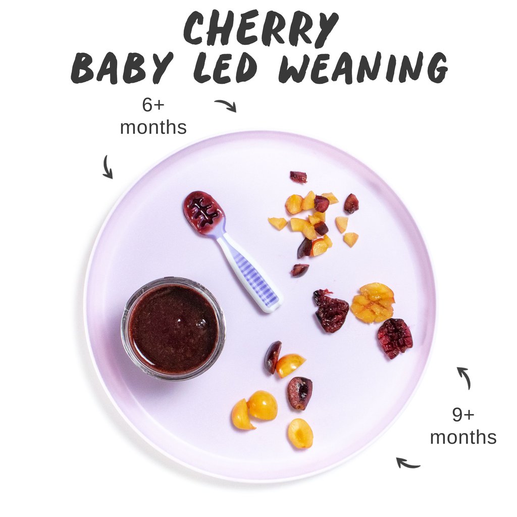 Graphic for post - cherry baby led weaning. Image is of a kids purple plate showing different ways to cut and serve cherries to baby.
