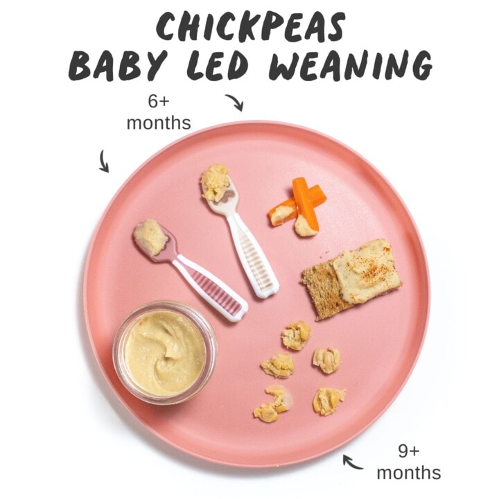 graphic for post - chickpeas for baby-led weaning, with an image of a pink baby plate full of different ways to serve chickpeas to baby with ages in text.