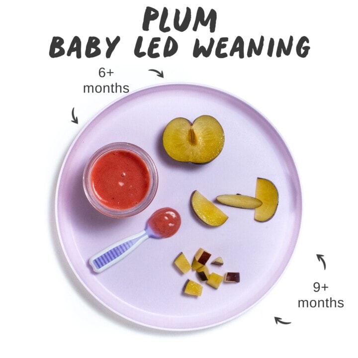 Graphic for post - plum for baby led-weaning, purple baby plate with different ways to cut and serve a plum for different ages.