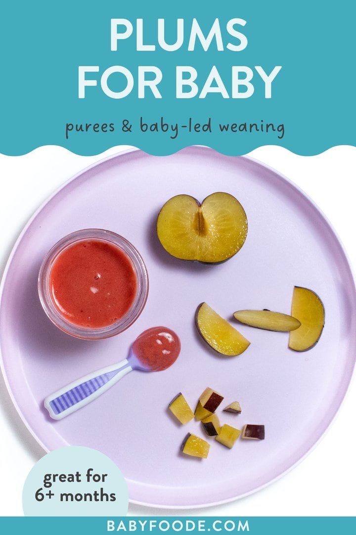 Graphic for post - plums for baby - purees or baby -led weaning, great for 6 months and up. Image is of a purple baby plate showing different ways to cut and serve plums to baby.