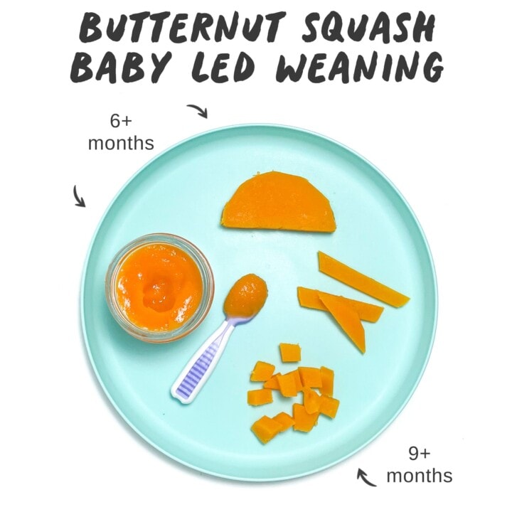 Graphic for post – butternut squash, baby lead weaning, image is of a teal baby plate, showing different ways for six and a month old babies to eat butternut squash.