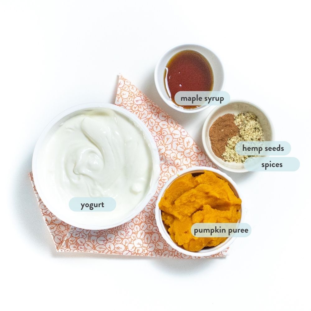 Spread of ingredients on a white countertop for pumpkin yogurt with graphics showing what the ingredients are.