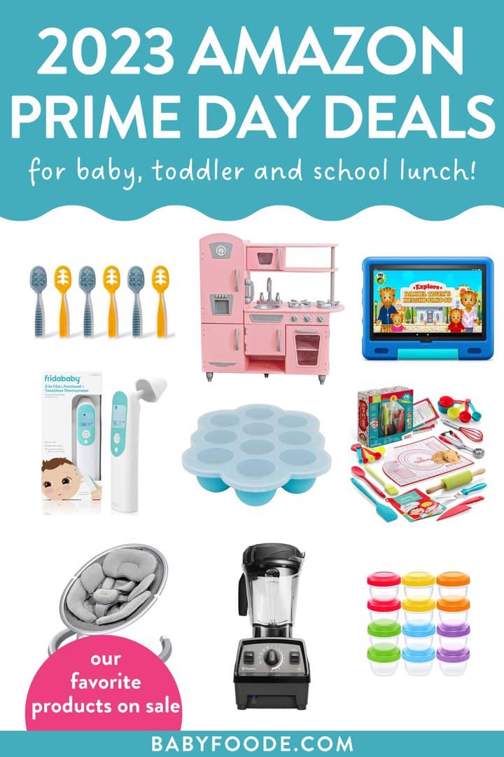 Graphic post – Amazon prime day deals, October 2023, deals for kids, toddler and school lunch. Images of a grid against away background of products for younger kids.