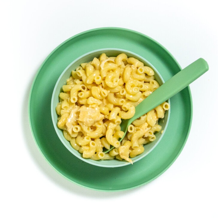 A green and blue bowl for kids full of chicken mac & cheese.