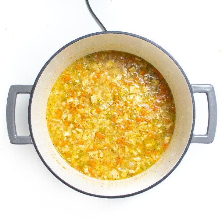 A gray stockpot on a white countertop with chicken and star soup.