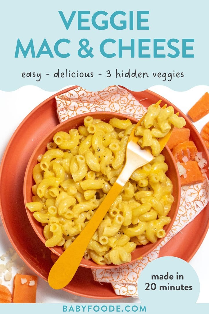 Graphic for post – veggie mac & cheese, easy, delicious, three hidden veggies, made in 20 minutes. Images of a dark pink plate and bowl with an orange park resting on top with veggie mac & cheese with veggies scattered on the countertop next to the plate.