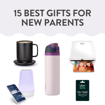 Graphic for post - 15 best gifts for new parents. Image is of a spread of products geared towards new parents of young babies.