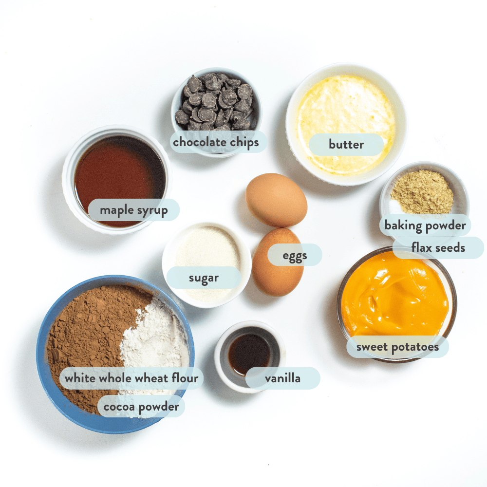 Graphic four post – ingredients for sweet potato brownies in bowls, with a label with which ingredient is what on a white countertop.