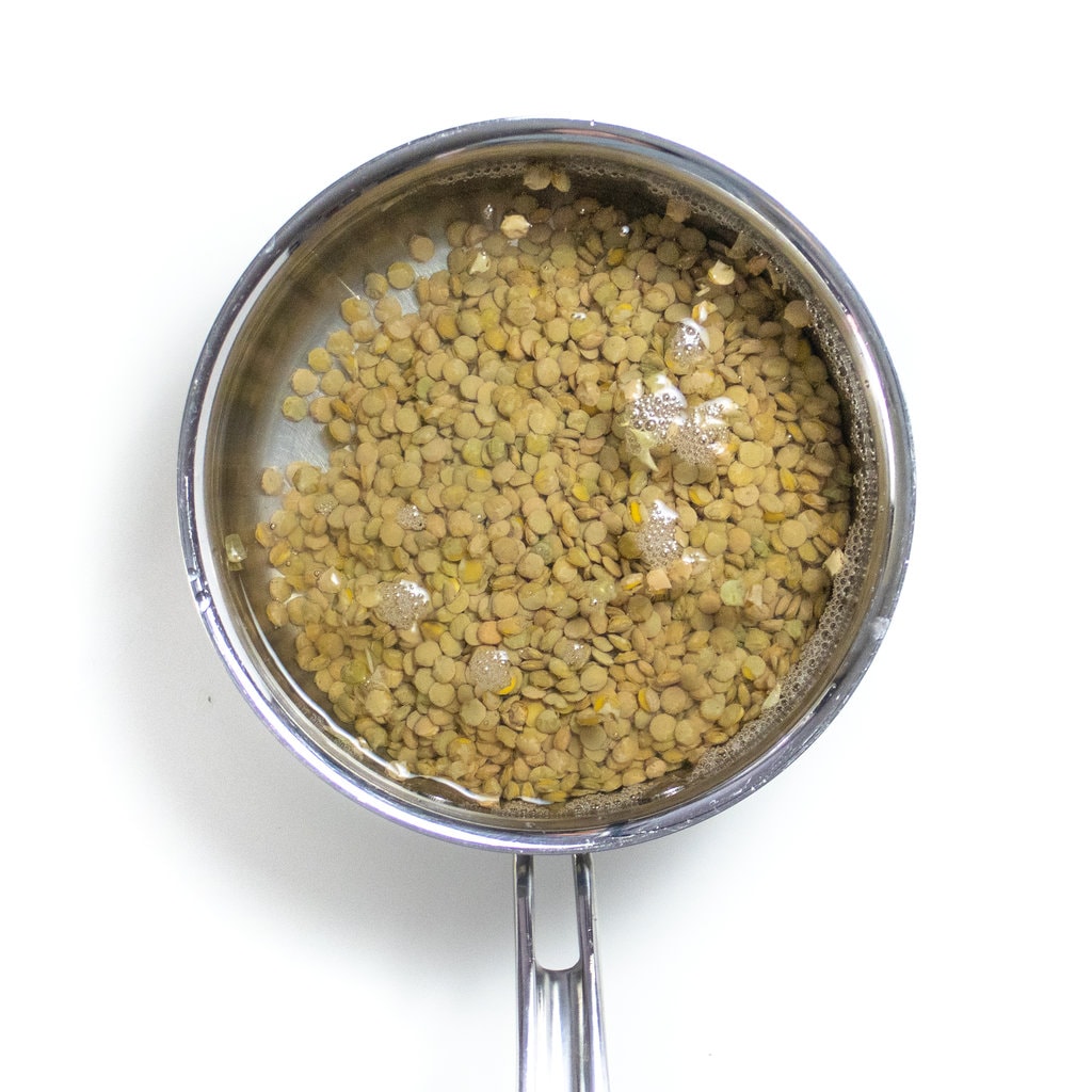 Medium silver saucepan on a white counter with dry lentils and water about to be cooked.