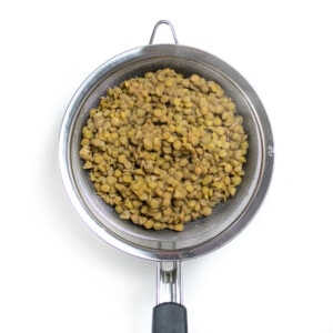 A medium strainer sitting in a medium saucepan with cooked lentils.