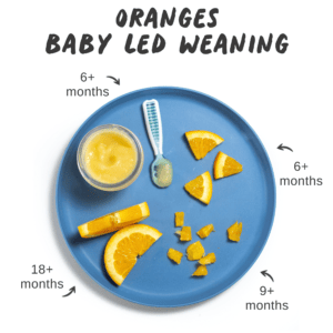 Graphic for post - oranges for baby-led weaning. Image is of a blue baby plate with different ways to serve oranges to baby with graphics showing what age you can serve them.