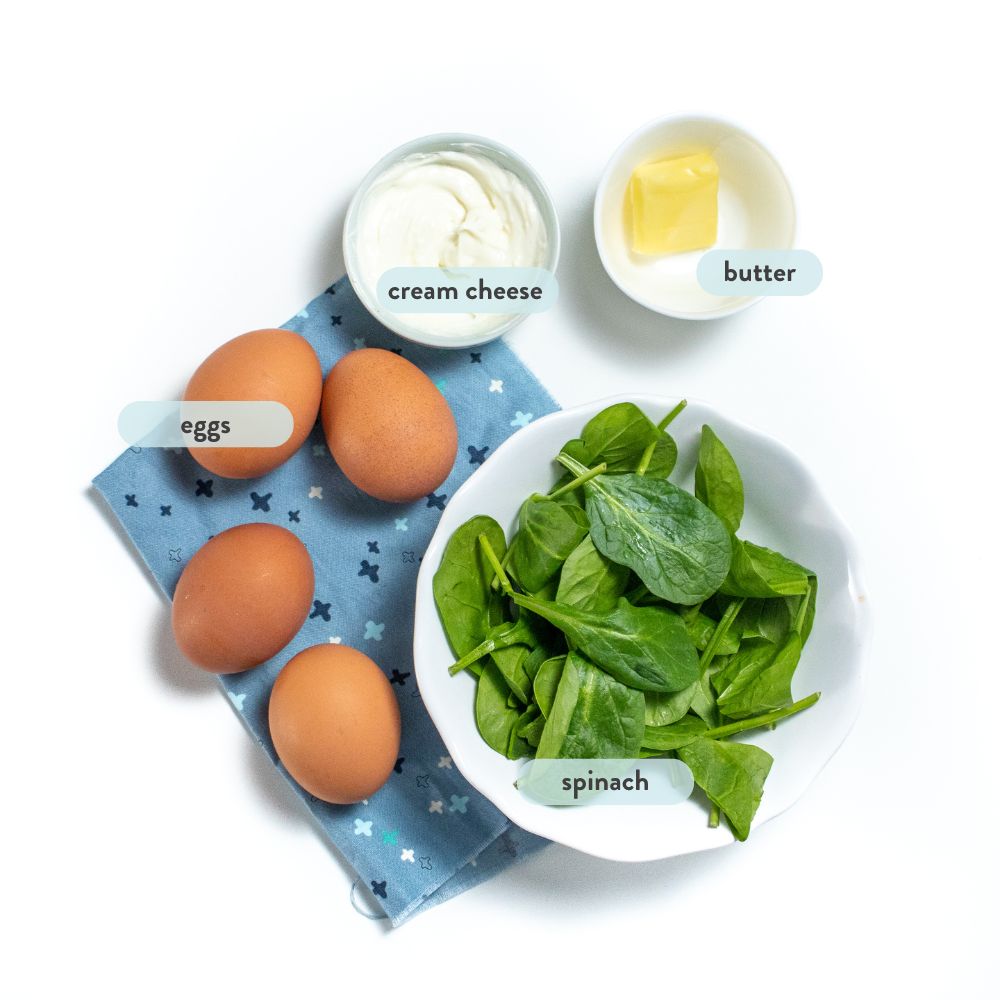 Spread of ingredients for green egg recipe - spinach in a white bowl, four large eggs, a small gray bowl, full of cream cheese, a white bowl with a knob of butter on a white countertop.