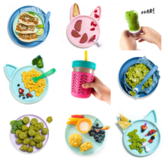 Images in a grid of recipes with hidden veggies on colorful plates for kids against a white background.