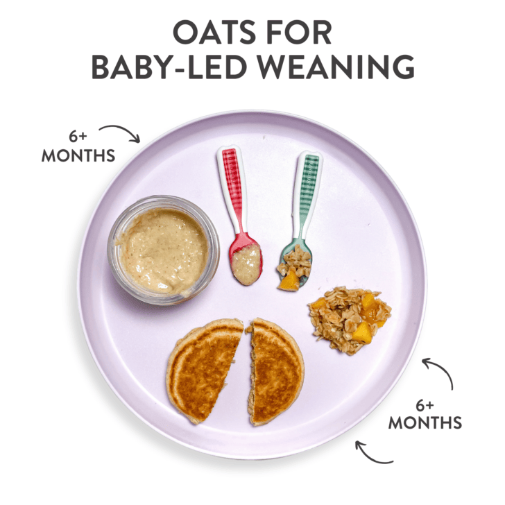 Purple baby plate with oats for baby led weaning, an oat puree and oat and peach pancakes with arrows and graphics showing which age you can serve each item of food.