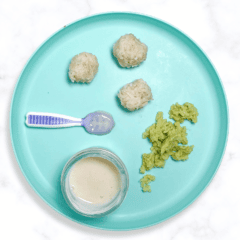 Teal baby plate on my kitchen counter, showing how to serve rice for baby-led weaning.
