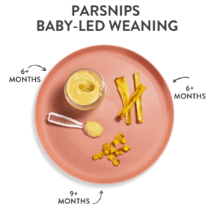 Graphic showing a pink baby plate with graphics pointing to which way you can serve parsnips to your baby.
