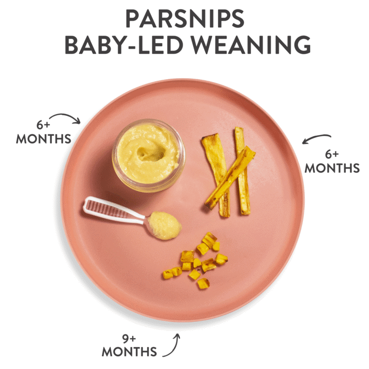 Graphic showing a pink baby plate with graphics pointing to which way you can serve parsnips to your baby.