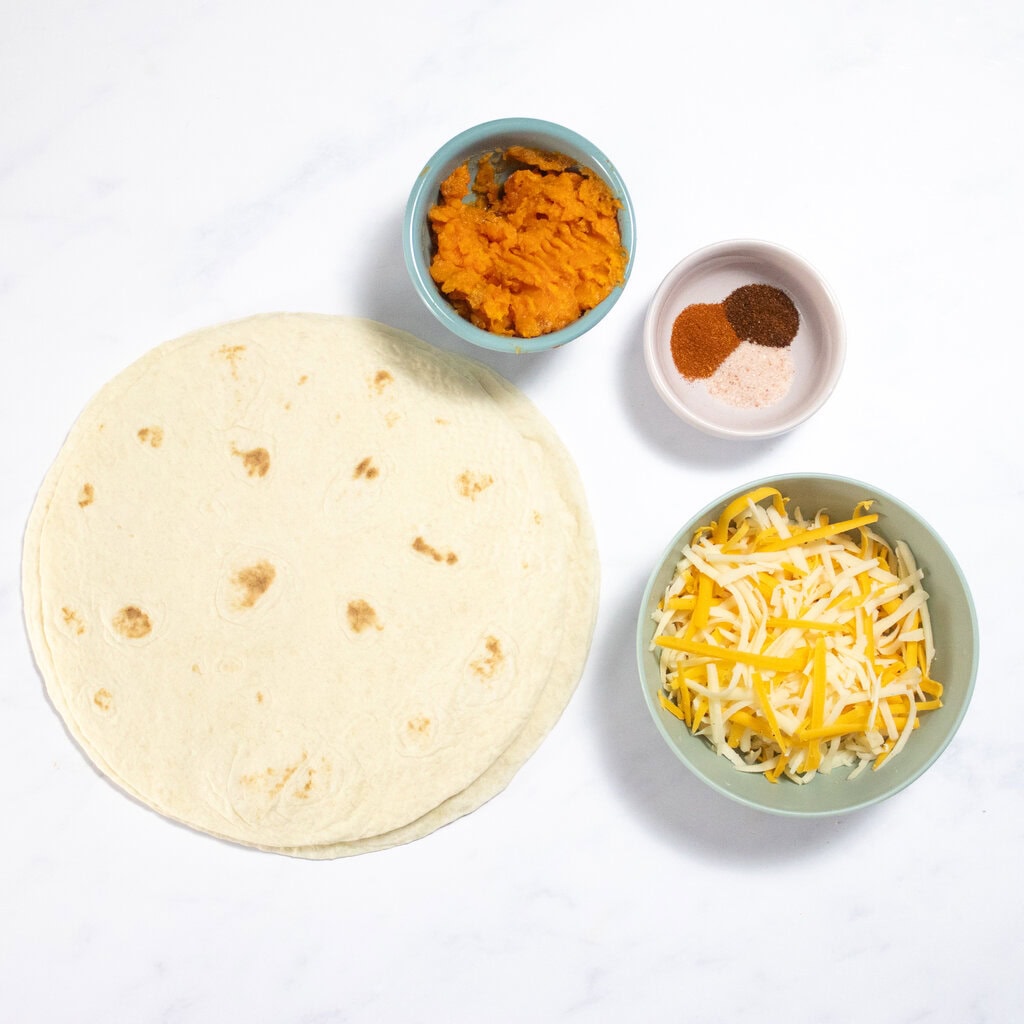 Ingredients for sweet potato quesadillas on my kitchen counter.